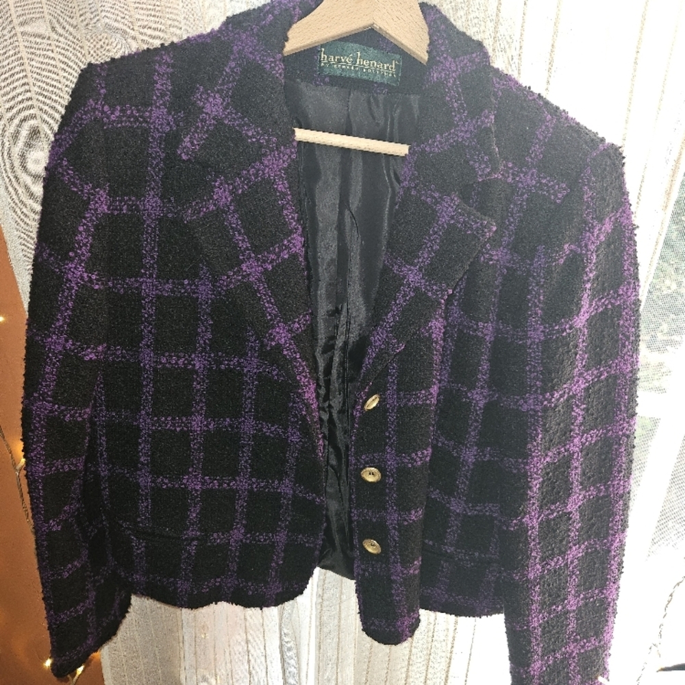 Harve Benard Black and Purple Plaid Cropped Jacket